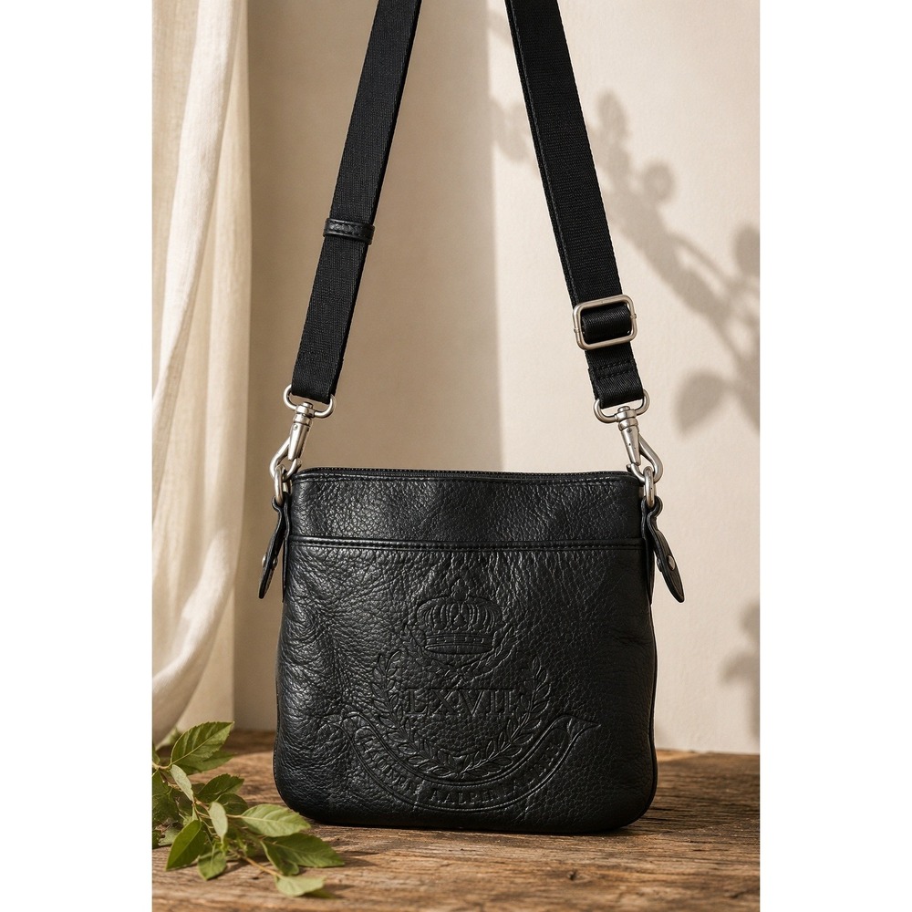 Lauren Ralph Lauren Black Leather Crest Crossbody Bag Preppy Equestrian